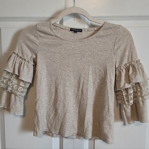My Michelle Beige Cream mixed Lace Ruffle Sleeve ribbed Top